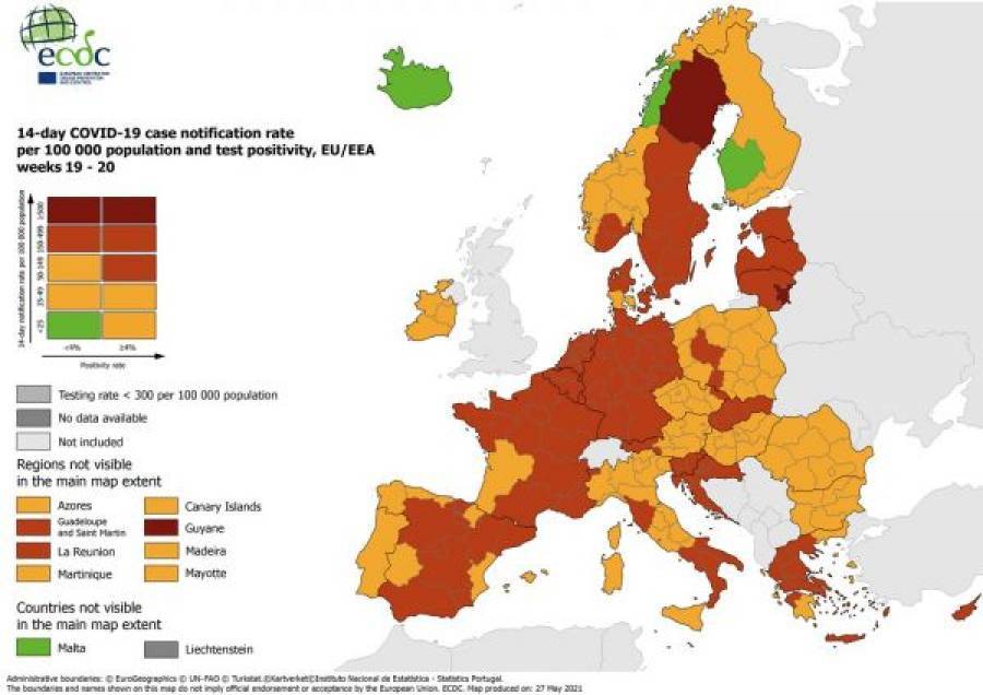 Χάρτης ECDC: Στο «πορτοκαλί» οι περισσότερες περιοχές της Ελλάδας