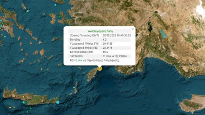 Σεισμός 4,2 Ρίχτερ ανατολικά της Ρόδου