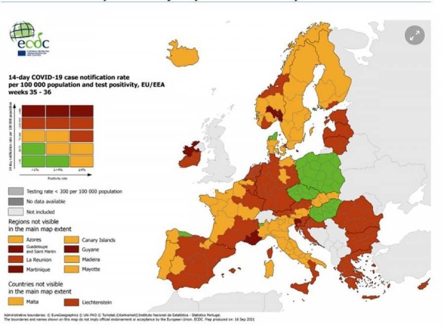 ECDC: Στο «πορτοκαλί» παραμένει όλη η Ελλάδα (χάρτες)