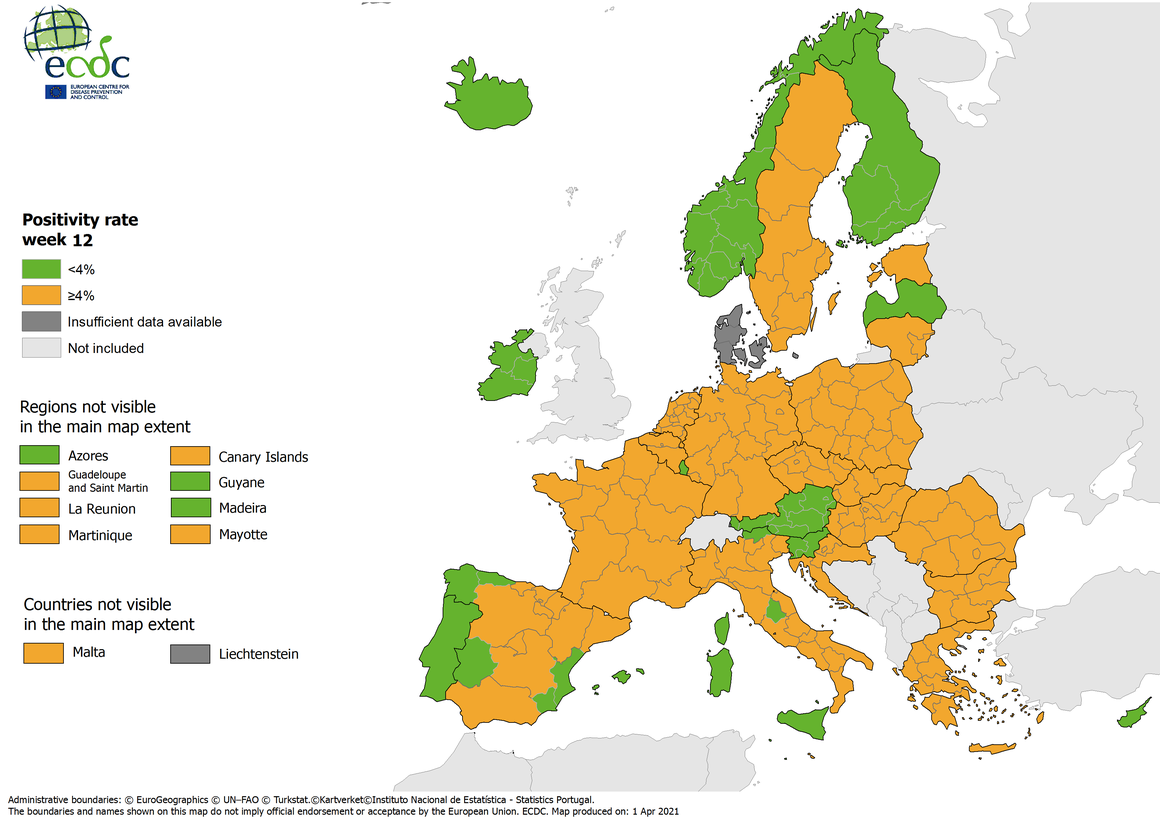 2021w12 COVID19 EU EEA National Positivity Rate