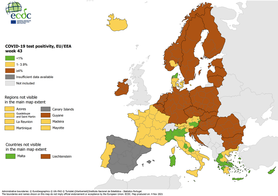 2021w43 COVID19 EU EEA National Positivity Rate