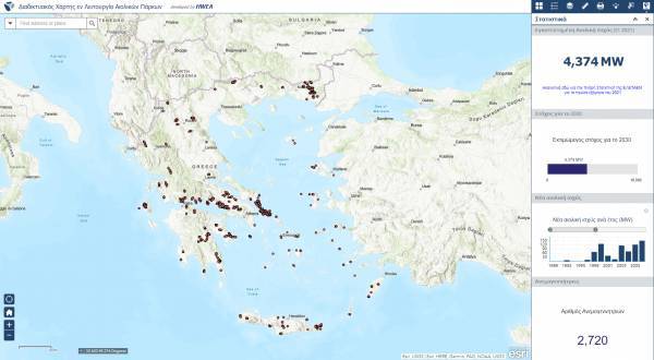 Xάρτης αιολικής ενέργειας από την ΕΛΕΤΑΕΝ-Πάρκα και ανεμογεννήτριες στην Ελλάδα