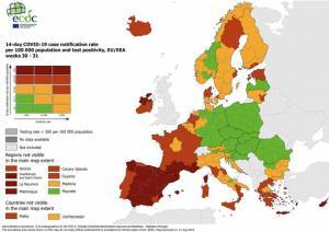 ECDC-Νέος χάρτης: Στο «βαθύ κόκκινο» Κρήτη, Επτάνησα, Δωδεκάνησα και Κυκλάδες