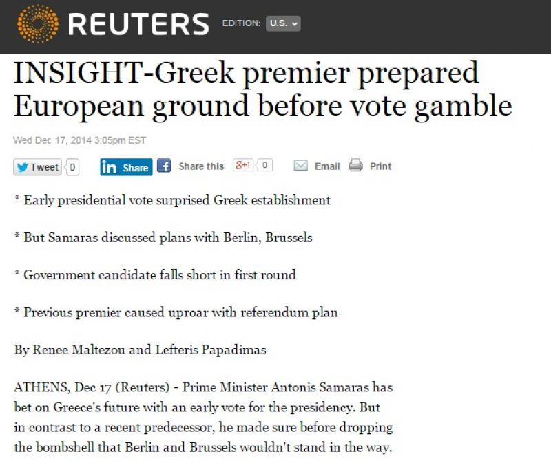 Reuters: Ο Σαμαράς πριν σκάσει τη βόμβα περί ΠτΔ, είχε προετοιμάσει τους Ευρωπαίους