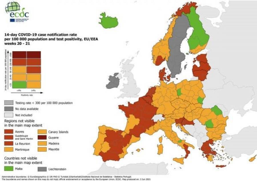 ECDC: Στο «πορτοκαλί» το μεγαλύτερο μέρος της Ελλάδας (χάρτες)