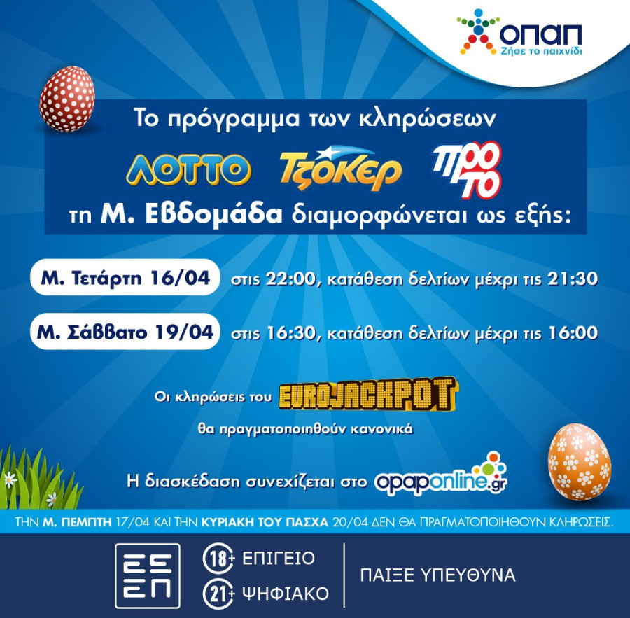 Το ωράριο λειτουργίας των καταστημάτων ΟΠΑΠ την περίοδο του Πάσχα