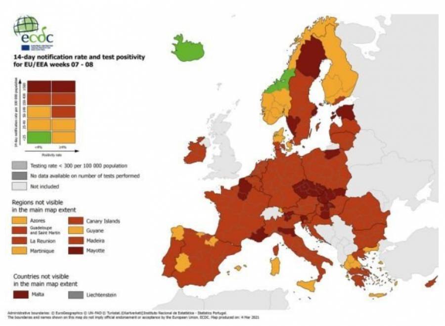 ECDC: «Κόκκινη» και «κίτρινη» η Ελλάδα σε τεστ-κρούσματα-δείκτη θετικότητας