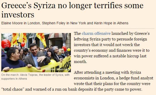 Ο ΣΥΡΙΖΑ δεν τρομάζει πλέον τους επενδυτές, υποστηρίζουν οι Financial Times