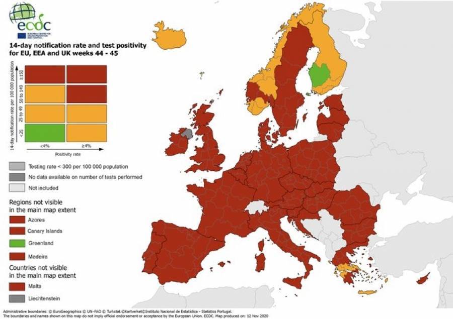 ECDC: Κόκκινος ο χάρτης-Εξαιρέσεις Σκανδιναβία και περιοχές στην Ελλάδα