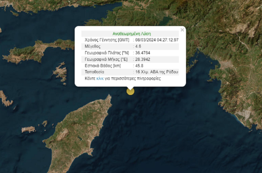 Σεισμός 4,6 Ρίχτερ ανοιχτά της Ρόδου