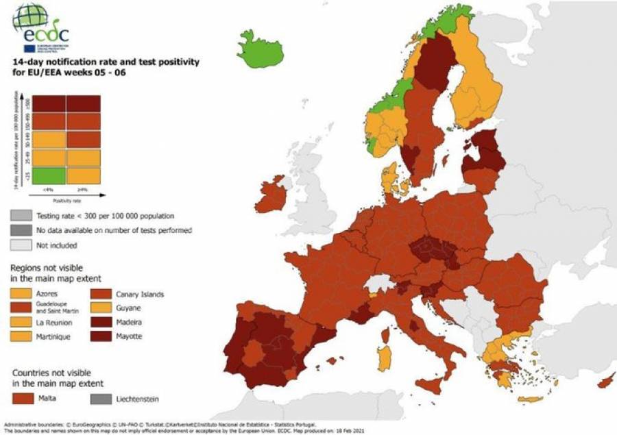 Χάρτης ECDC: Χωρίς πράσινες περιοχές πλέον η Ελλάδα