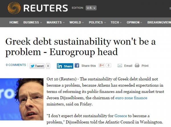 Nτάισελμπλουμ: Δεν θα αποτελέσει πρόβλημα το ζήτημα βιωσιμότητας του ελληνικού χρέους
