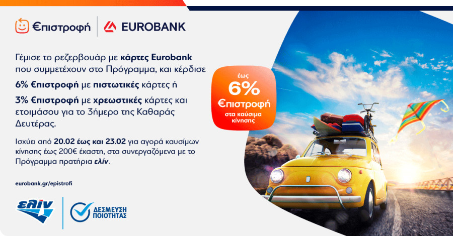 ελίν: Κερδίστε έως 6% €πιστροφή με καύσιμα κίνησης για το τριήμερο της Καθαράς Δευτέρας!