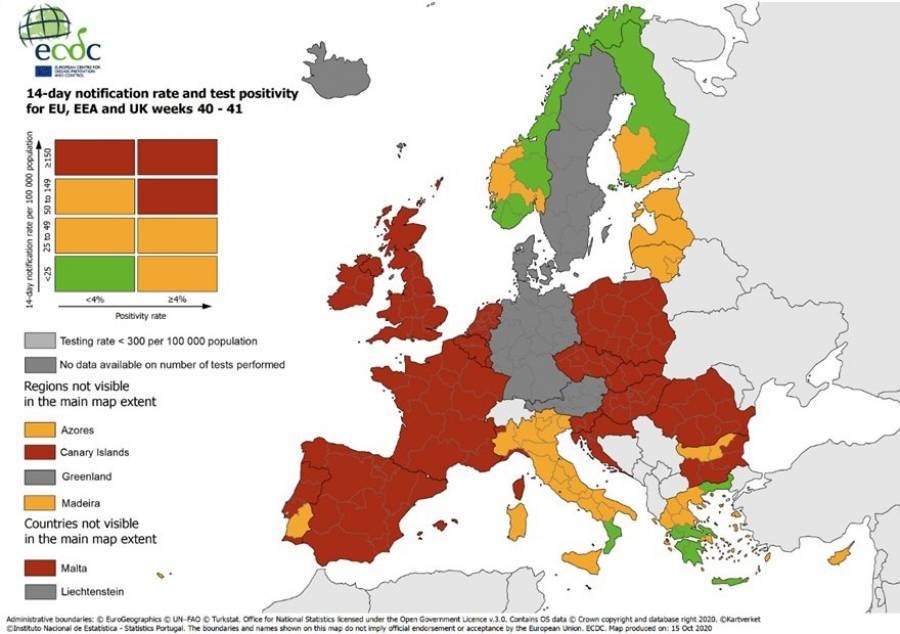 Κορονοϊός-Χάρτης κρουσμάτων στην Ευρώπη: «Πράσινη» η... μισή Ελλάδα
