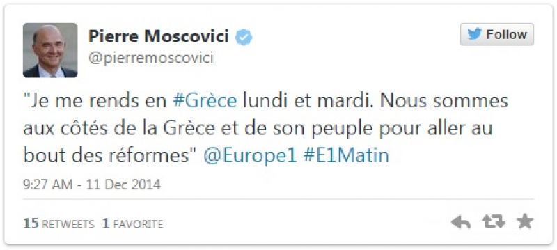 Στην Αθήνα μέσω..Twitter, ο Πιερ Μοσκοβισί