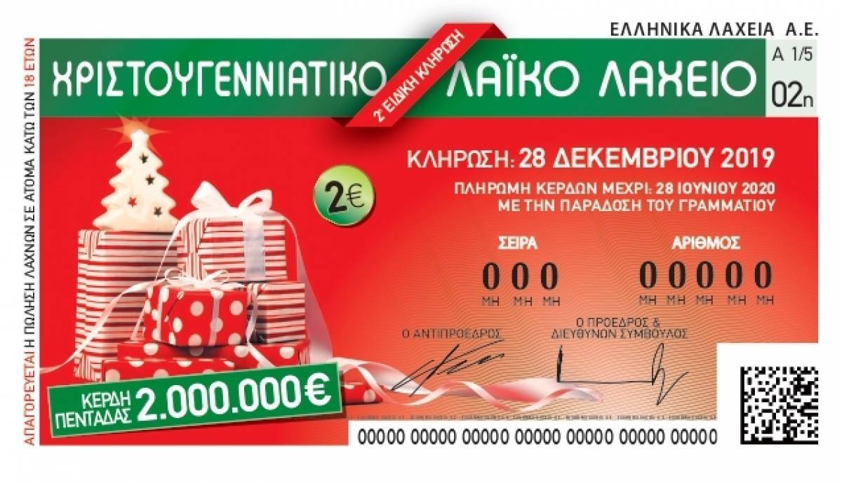 Χριστουγεννιάτικο Λαϊκό Λαχείο: 2 εκατ. ευρώ για τον μεγάλο τυχερό