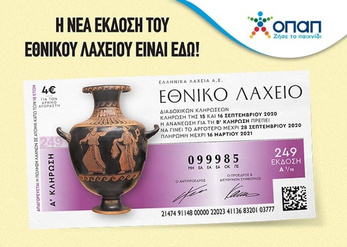 Εθνικό Λαχείο: 249η έκδοση 15 Σεπτεμβρίου-Μεγάλο έπαθλο 1.000.000 ευρώ