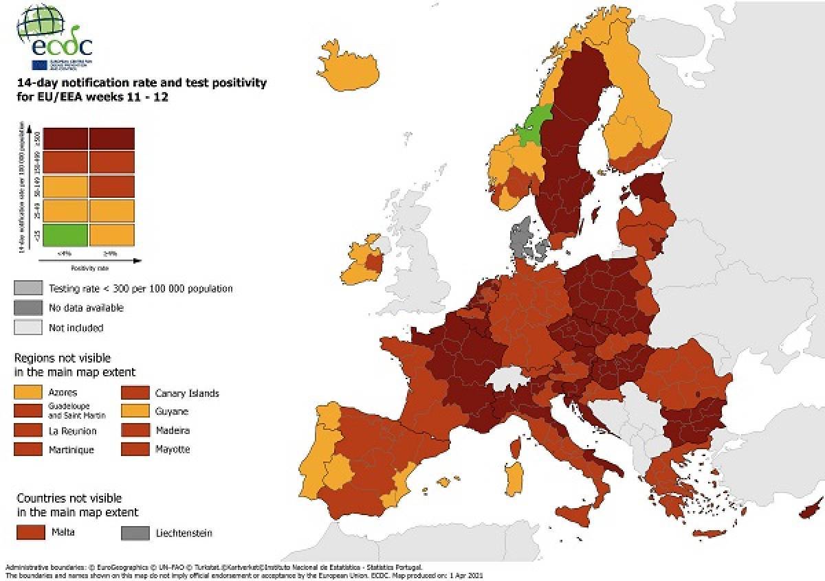 ECDC: Στο «κόκκινο» η Ελλάδα-Στο «κίτρινο» ο δείκτης θετικότητας