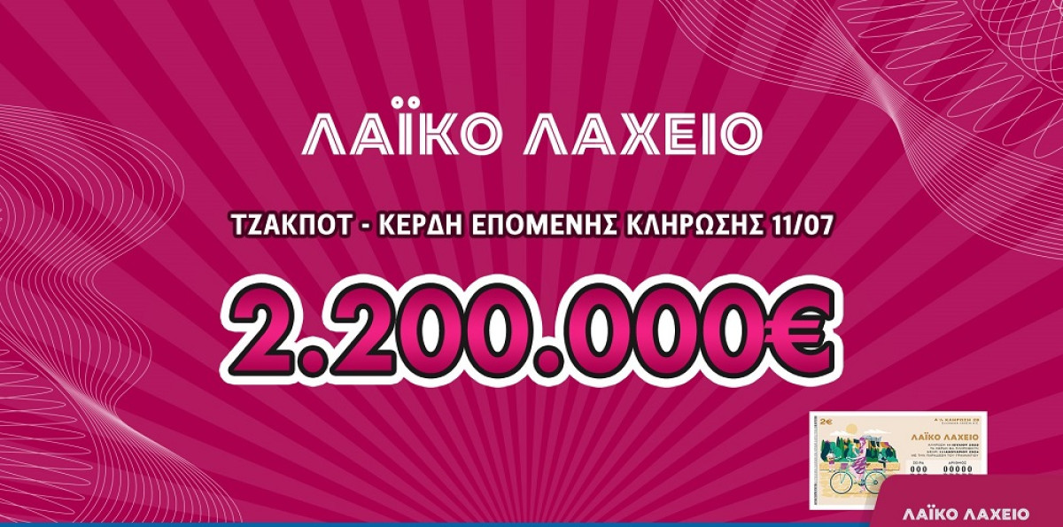 Στις 11 Ιουλίου το τζακ ποτ στο Λαϊκό Λαχείο μοιράζει μέχρι και 2,2 εκατ. ευρώ