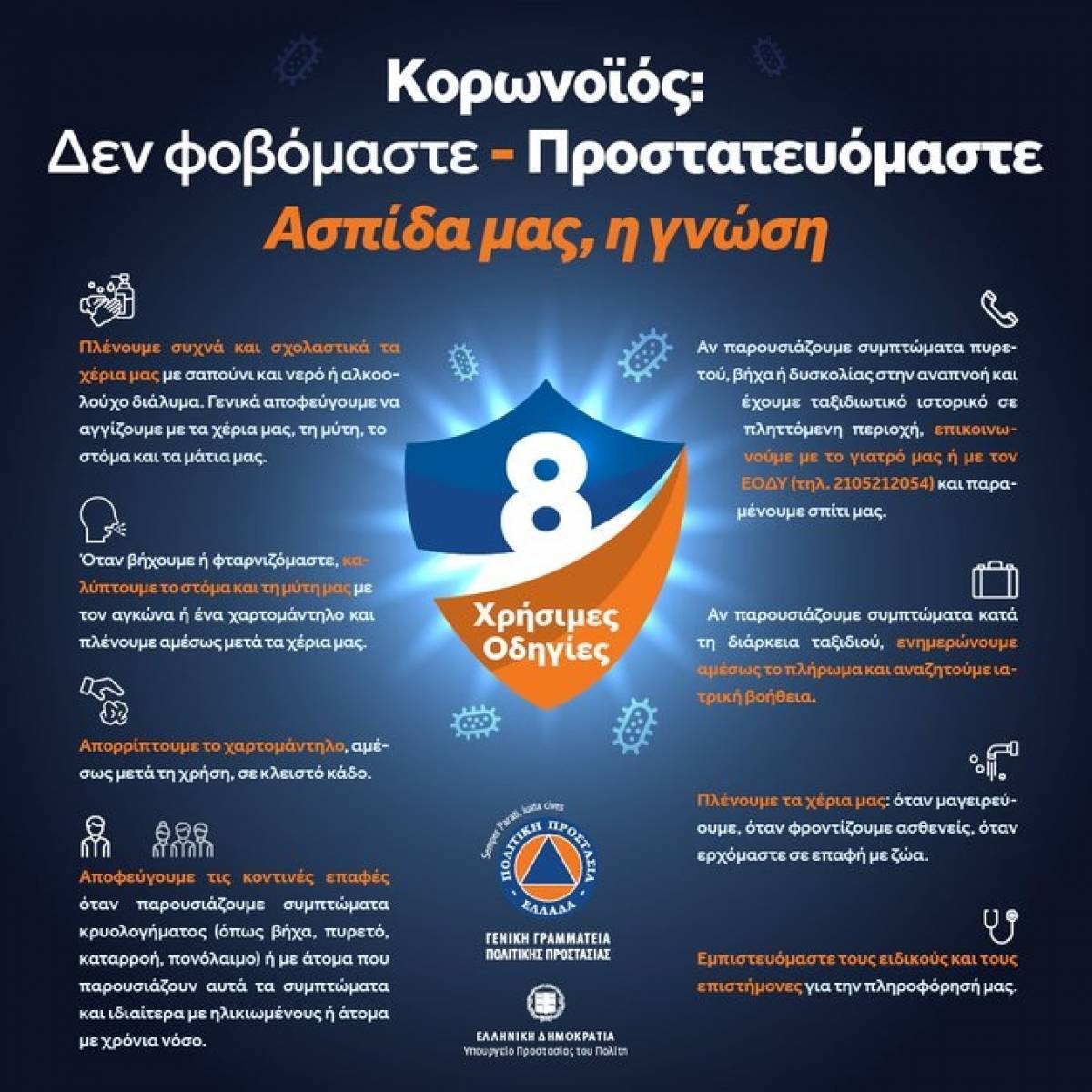 Κοροναϊός: Οκτώ οδηγίες από τη Γενική Γραμματεία Πολιτικής Προστασίας