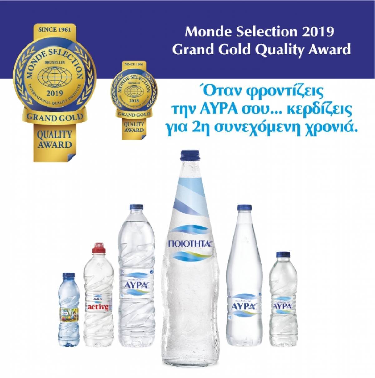 Grand Gold Quality Award για το Φυσικό Μεταλλικό Νερό ΑΥΡΑ